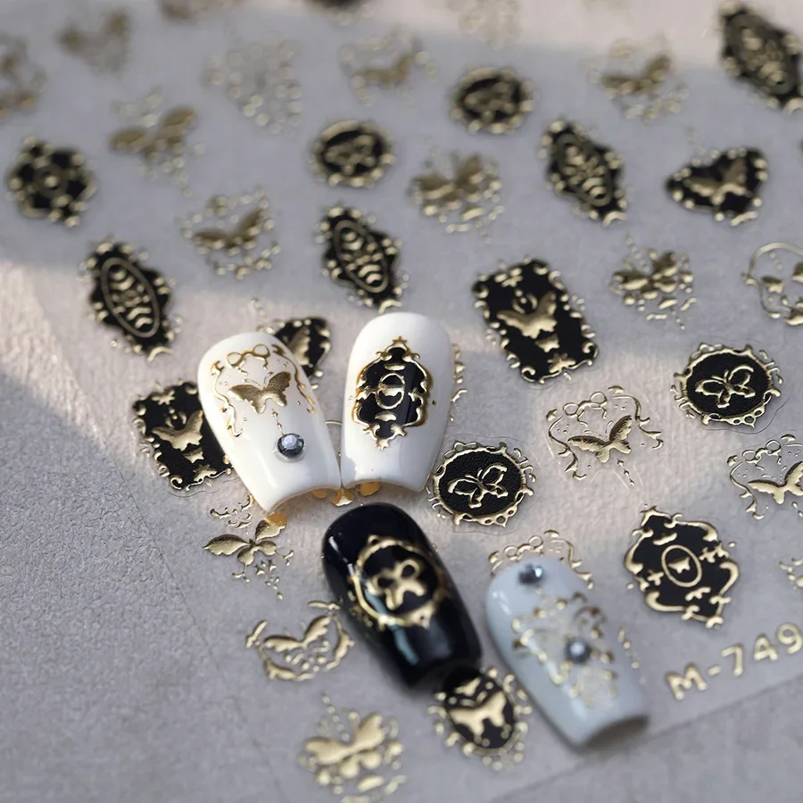 5D Relief Glossy Relfective Metallic Gold Butterfly Floral Stamp Black Back Adhesive Nail Art Stickers Decals Manicure Ornaments