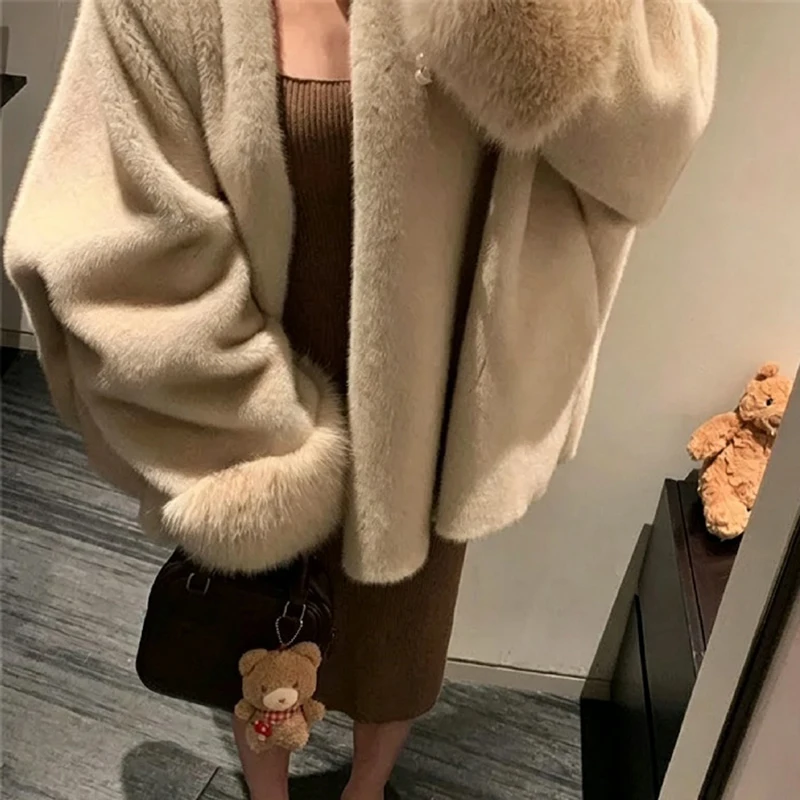 Elegant Women Open Front Faux Mink Fur Coat V‑neck Oversized Loose Fluffy Plush Jacket Wide Cuff Warm Casual Furry Outerwear - view 4