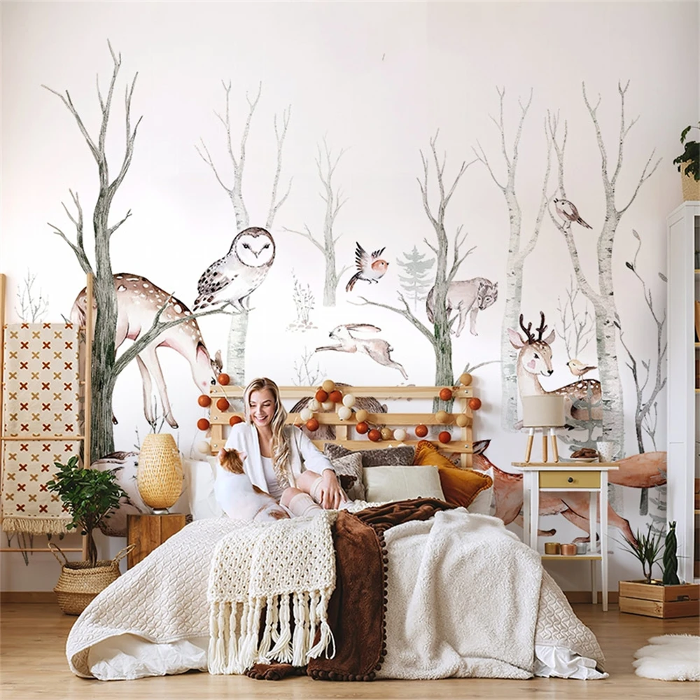 Custom European cartoon animal wall cloth Nordic abstract forest wallpaper for children's room art mural wallpaper TV background