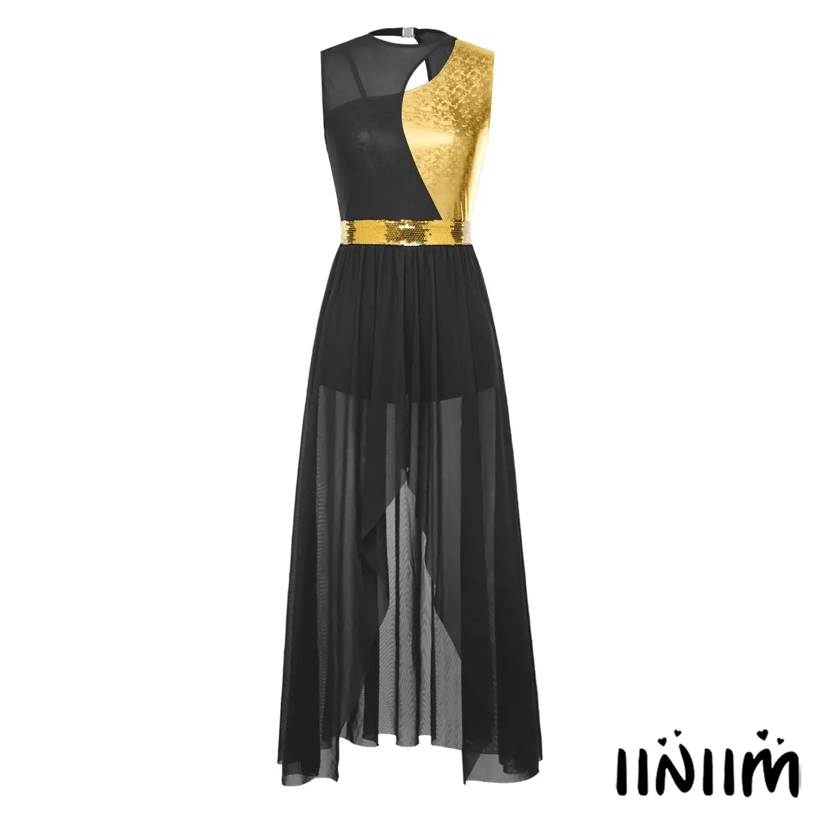 

Womens Lyrical Dance Dress Sequined Waist Belt Sleeveless Metallic Shiny Irregular Mesh Hem Dresses Liturgical Worship Dancewear