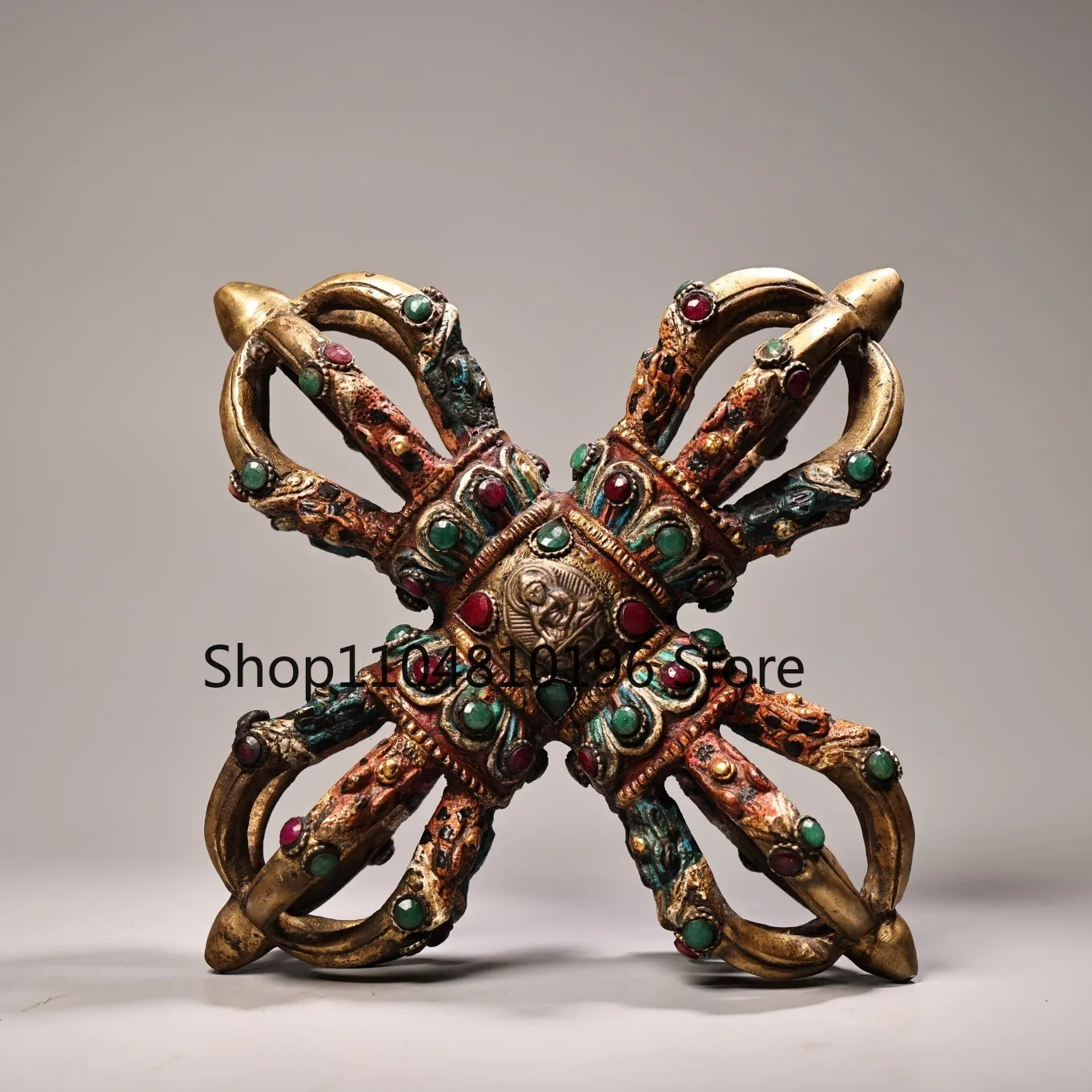 Bronze Gilded Painted Mosaic Gem Turquoise Shakyamuni Nine Shares Cross Vajra