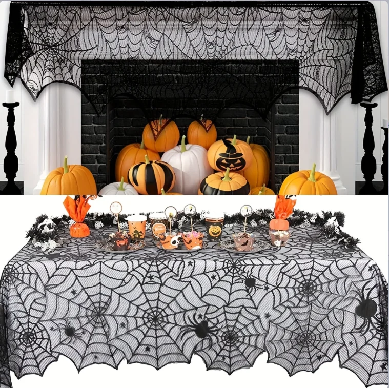 Halloween Schwarze Spinnennetz-Tischdecke Spitzen-Tischüberzug Perfekt für Kamin- und Kaminsims-Dekoration – Detail 1