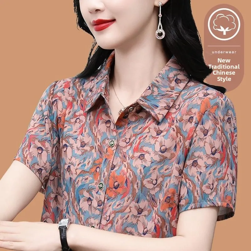 

Ladies ort Sve irt Thin Flip Collar Top Breathable Summer Faion Middle-Aged Women's Clothing Mom's Sli Blouse