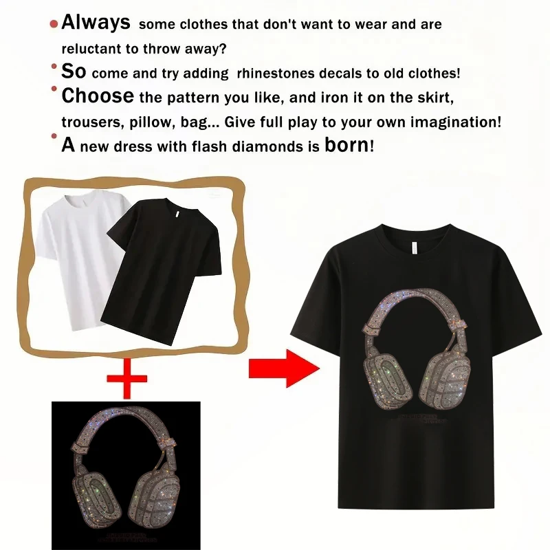 High-quality Shining Diamond Headphones DIY Iron-on Sweater Jacket Clothing Accessories Fashion Ironing Patch Large Patches
