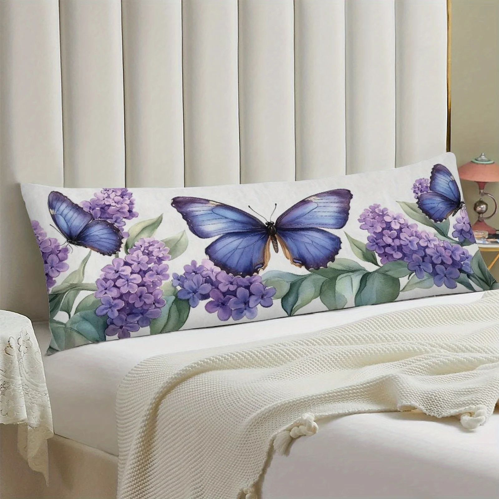 Butterfly Lilac Garden Themed Pillowcase, Stylish Long-Pile Plush Cushion Cover, Soft Decorative Double-Sided Printed Large Pill
