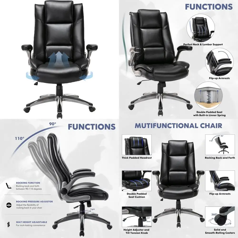 

Ergonomic High-Back Leather Office Chair with Adjustable Tilt and Flip-Up Armrests