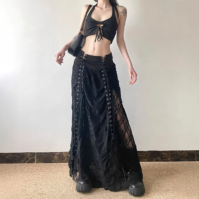 Y2k Black Skirt for Women American Style Retro Strap Splicing Midi Skirts Lace High Waisted A-Line Mid Length Skirts
