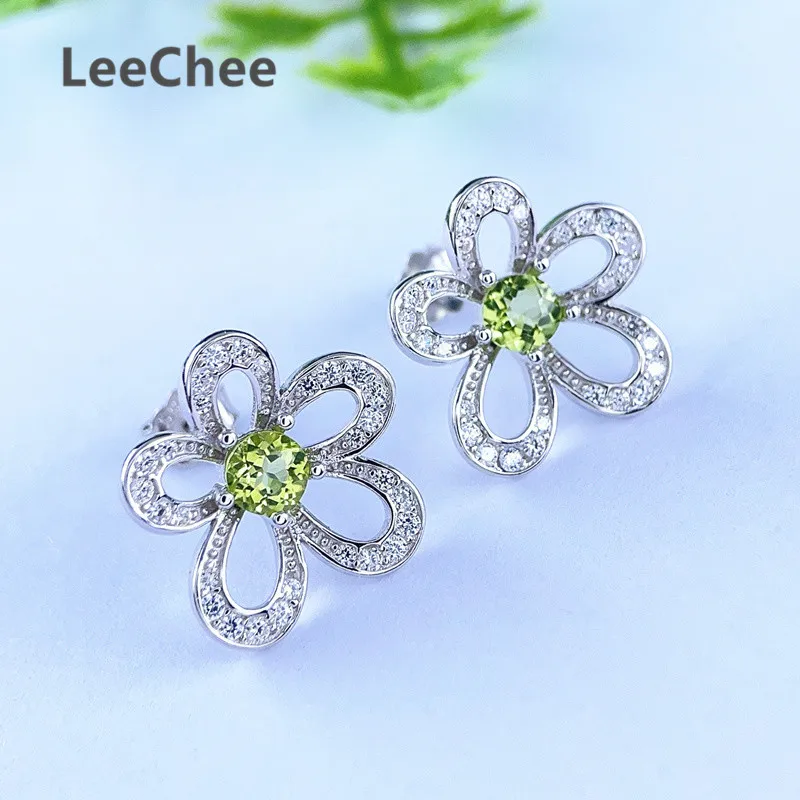 4MM Peridot Earrings Natural Green Gemstone Fine Jewelry for Girl Anniversary Party Gift Flowers Design Real 925 Sterling Silver