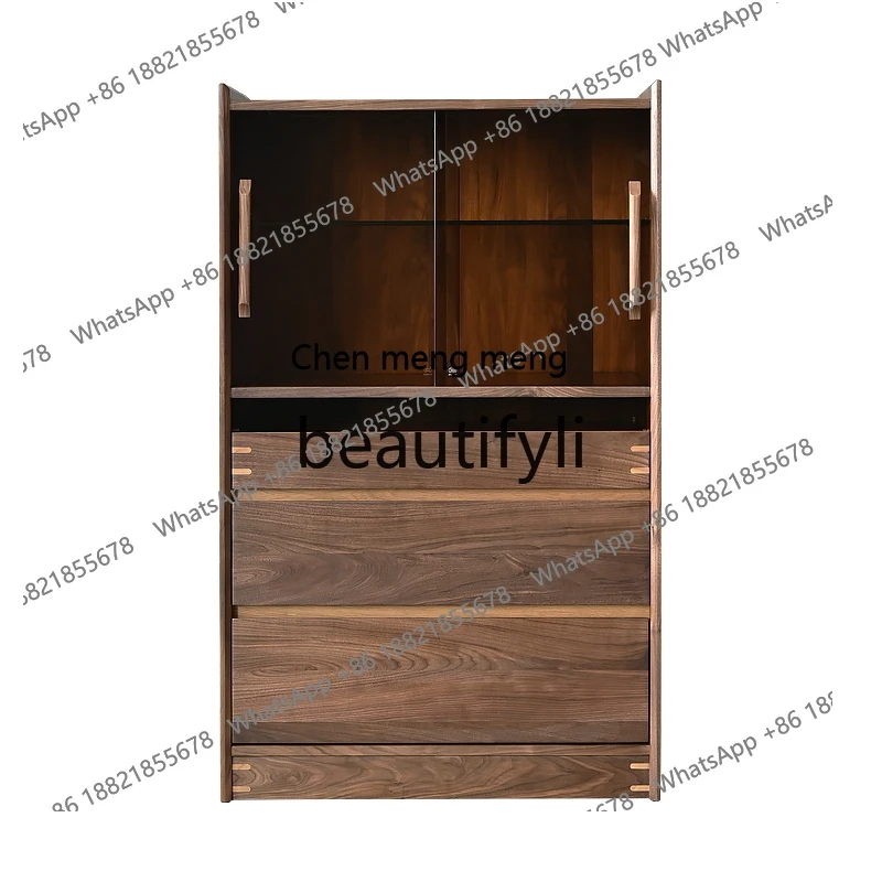 North American black walnut chest guest restaurant tea locker glass door display storage side cabinetH
