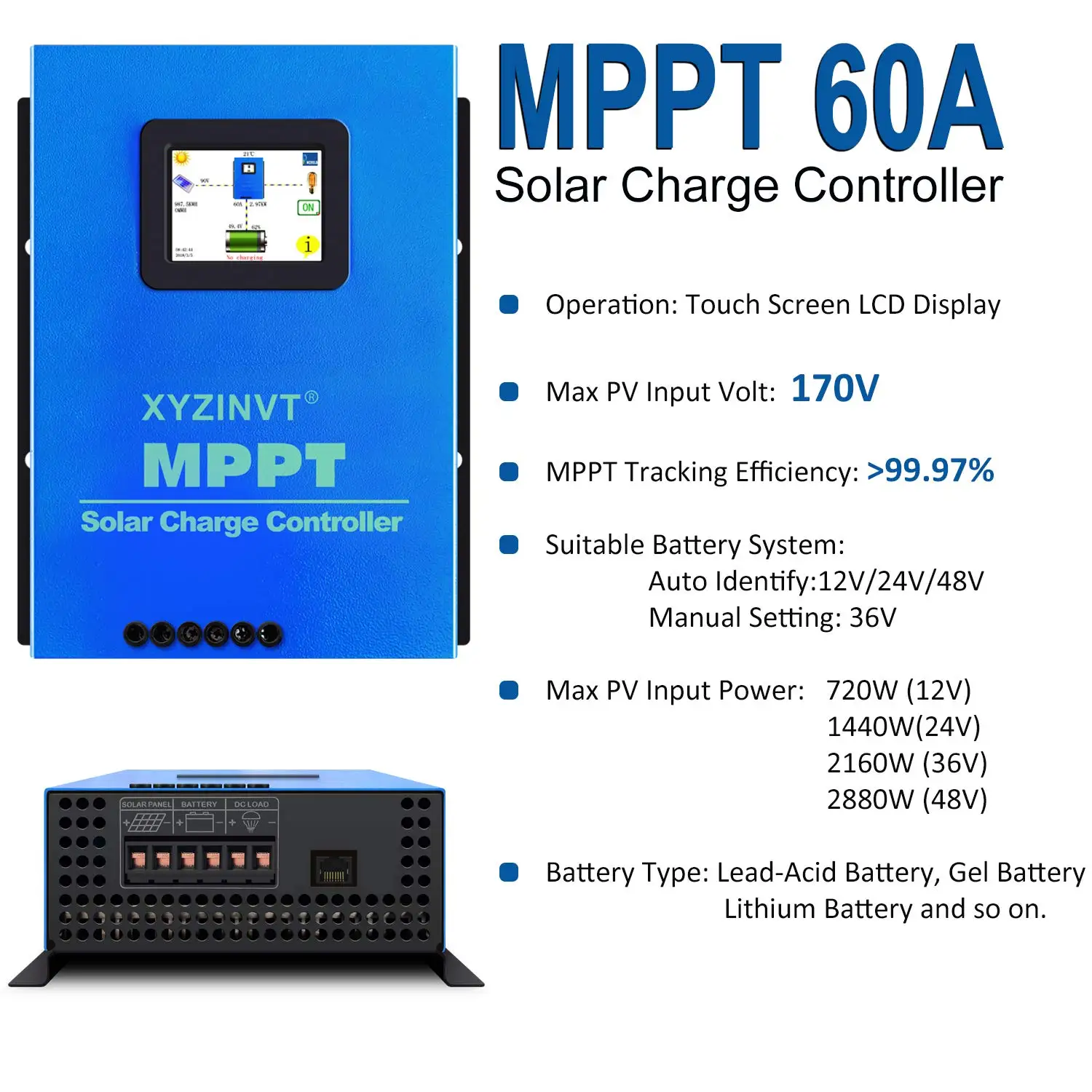 WZRELB MPPT Solar Charge Controller 60A 12V/24V/48V Battery Charger Off Grid DC Generator  System Manual