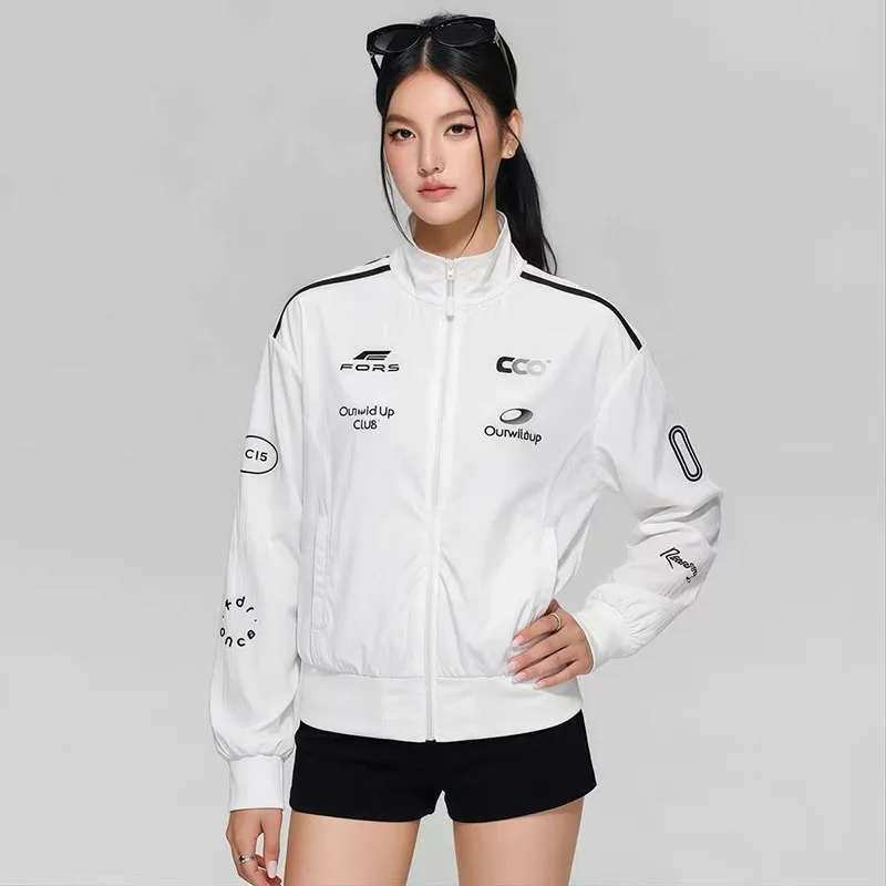 Summer Stand Up Thin Sun Protection Jacket Women Y2K Vintage Letter Print Zipper Tops American Streetwear Slim Motorcycle Coats