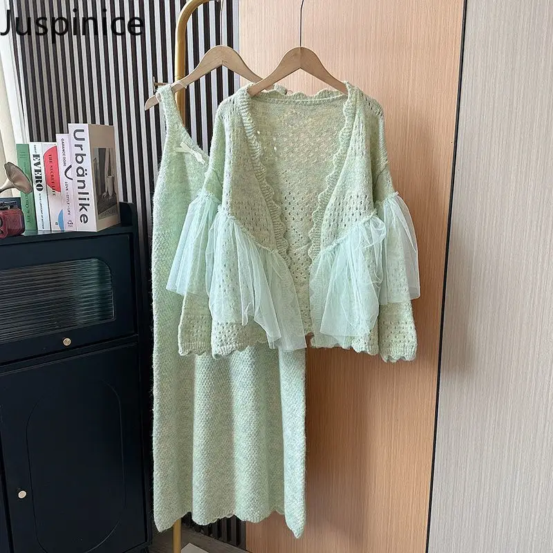 

Spring Summer Mesh Splicing Niche Suspender Dress Knitted Cardigan Suit Women Loose Casual Simple High Street Dresses Set