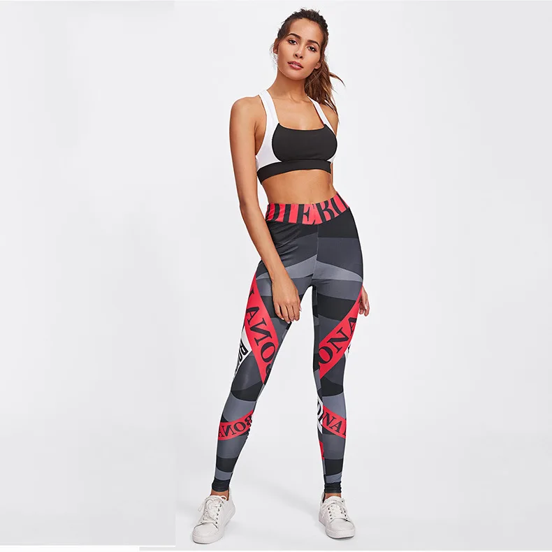 Women's Letter Striped Print High Waist Leggings, Butt Lift Tummy Control Workout Yoga Pants - view 4