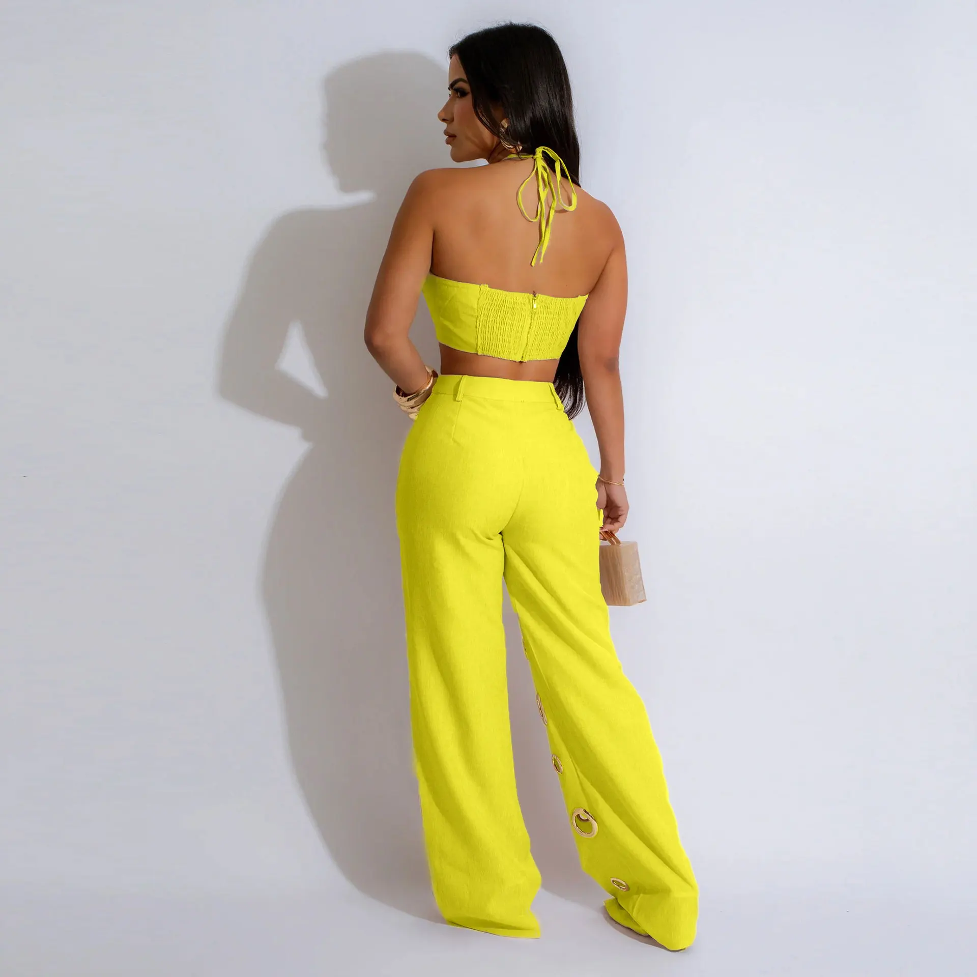 Metal Ring Hollow Out Two Piece Set Women Sexy Strapless Lace Up Halter Backless Crop Tops + Wide Leg Pants Casual Street Suits