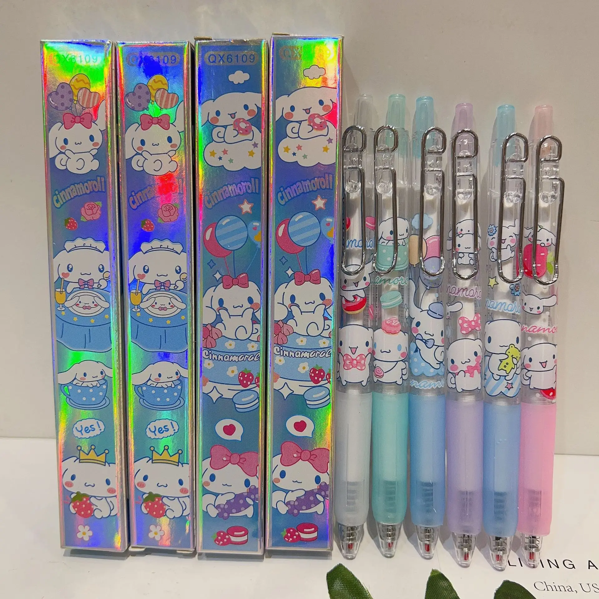 6/12/36pcs Sanrio Gel Pen Cinnamoroll Hellokitty Neutral Pen Metal Pen Clip Signature Pen Stationery Wholesale