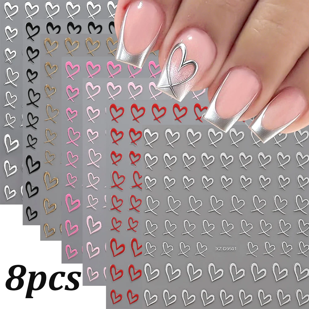 8 قطعة ثلاثية الأبعاد المعادن الحب القلب مسمار الفن ملصقات عيد الحب الجوف غير النظامية القلب مسمار الشارات الفضة الأبيض الوردي مسمار المنزلق ديكو