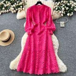 Fashion High Quality Women Spring Autumn Lace Hollow Out Stand Collar Longle Sleeve Casual Party Office Long Dresses
