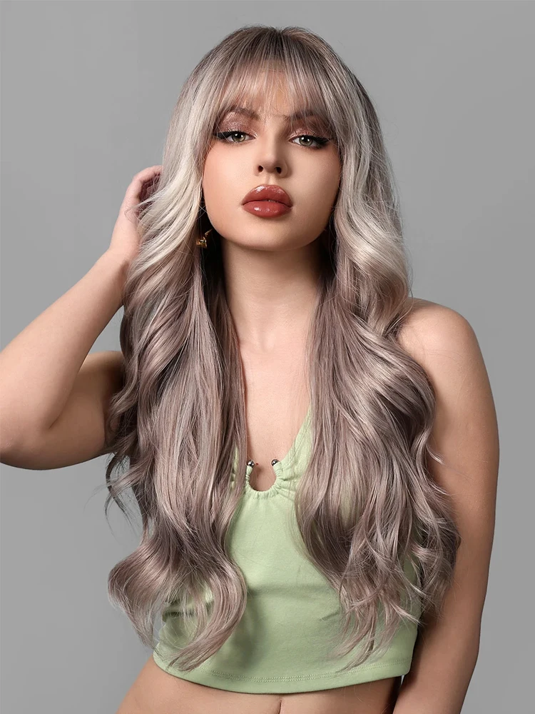 

Cyril Synthetic Wigs Long Wavy Ash Brown Blonde with Bangs for White Women Natural Wave Hair Cosplay Daily Wigs Heat Resistant