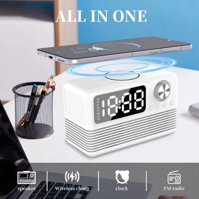 

Multifunctional Portable Wireless Charging Dual Speakers Bluetooth Speaker FM Radio 15W Wireless Fast Charging Clock Alarm Clock