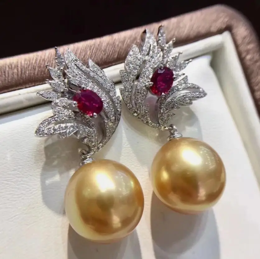 Charming AAAA Round 11-12mm 10-11mm natural South Sea Golden pearl earring 925s