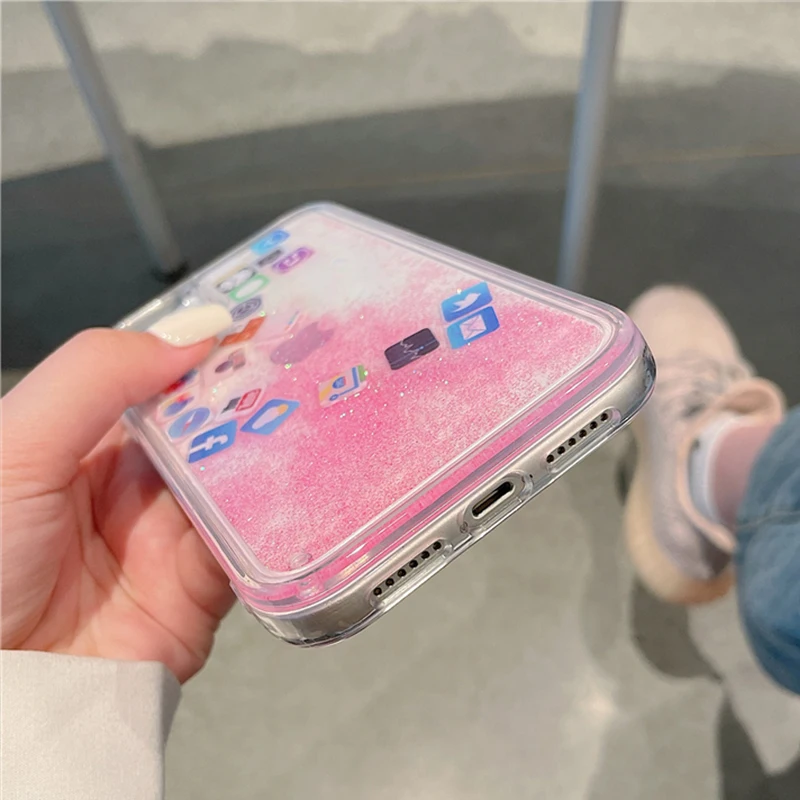 Phone Case For iphone 16 15 14 13 12 Mini 11 Pro XSMax XR X SE 6S 6 7 8 Plus Transparent Liquid Quicksand Glitter Cover APP Icon