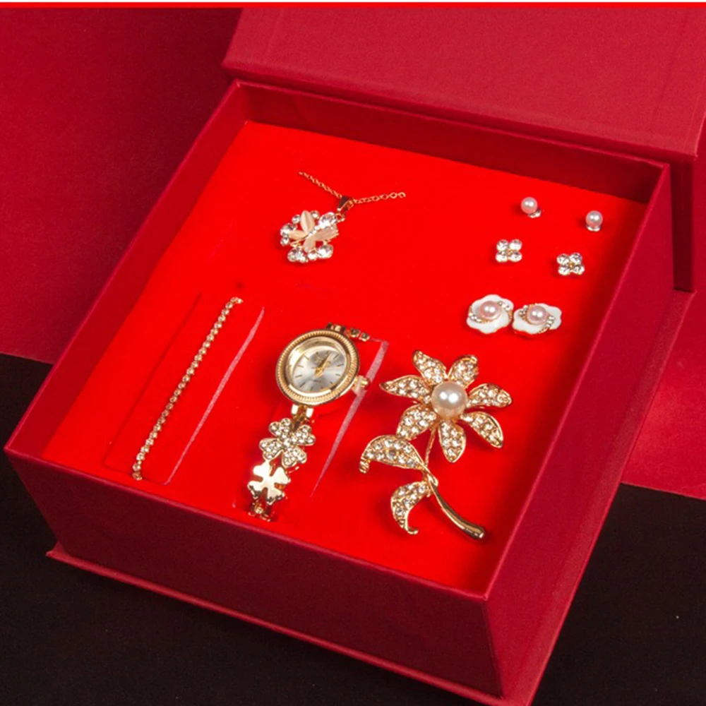 Luxury Women Bracelet Watch Golden Quartz Wristwatch With Women Necklace Earrings Brooch Jewelry 7Pcs Sets Gift Accessories+BOX