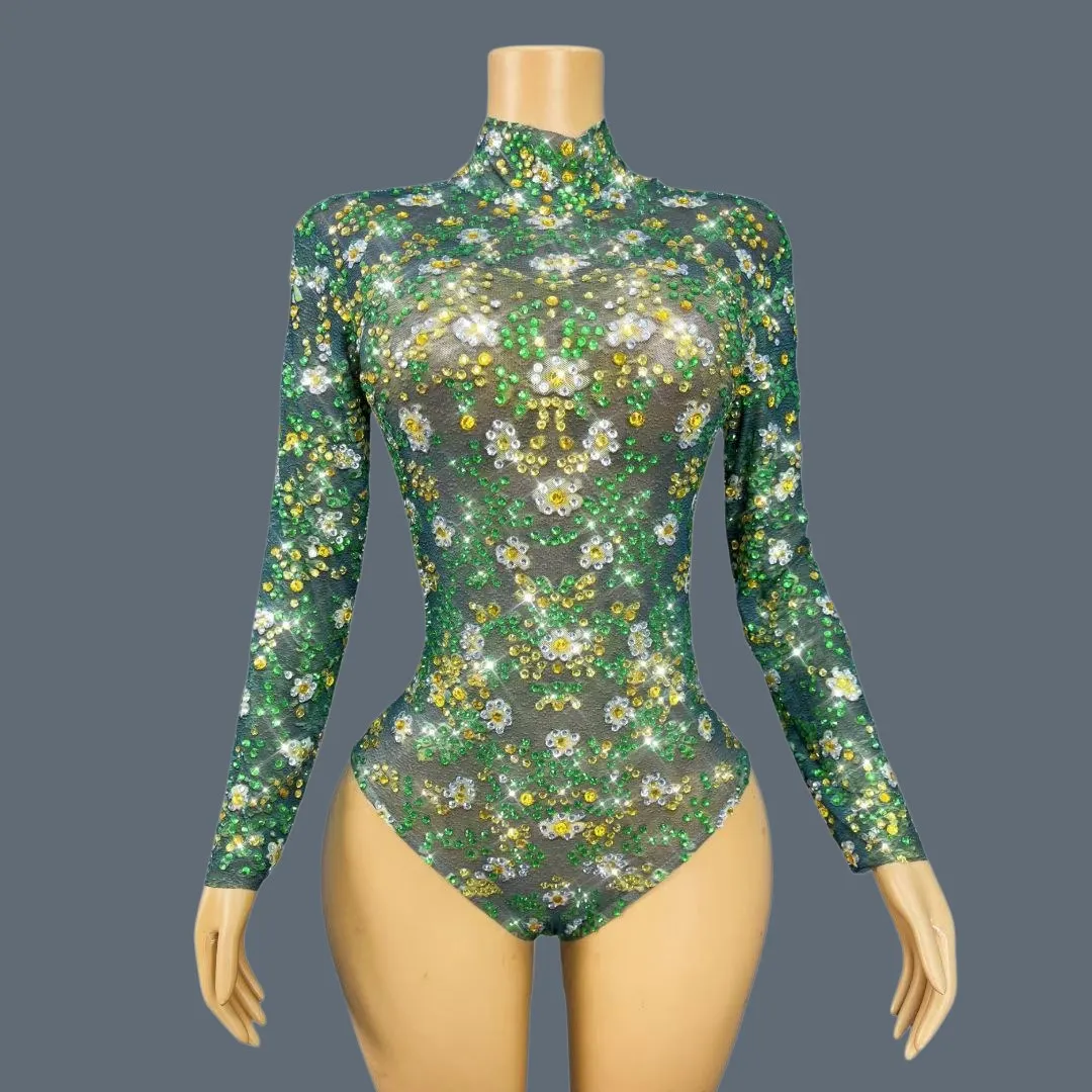 

Luxury Daisy Crystals Long Sleeves Stretch Bodysuit Women Event Party Birthday Nightclub Bar Stage Performance Costume Xiaochuju