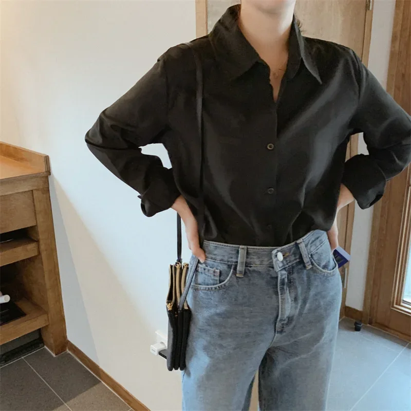 Women Solid White Black Basic Shirt Casual Tops Autumn Long Sleeve Lapel Single-breasted Blouses Chic Korean Female Shirts