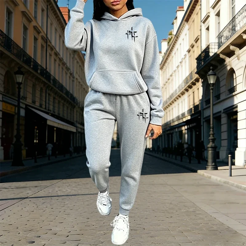 Autumn Winter Home Outdoor Casual Fashion Pure Color Sportswear Cross Print Women's Hoodie Sets Hooded Sweatshirt and Sweatpants image 4