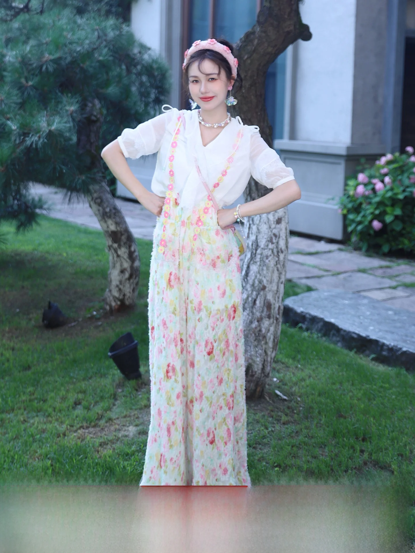 

Lili Summer Floral Print Jumpsuit Set Cute Chic Countryside Sle Long Pants Polyester Fiber mid Sve Two Piece Set for Women