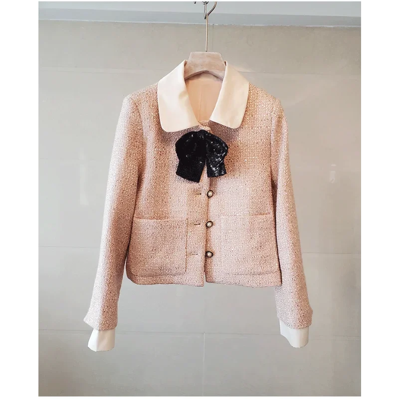 Setelan jas wanita pita manis wangi kecil musim gugur musim dingin mantel lengan panjang berpayet + rok Fashion wanita kantor Tweed Set dua potong