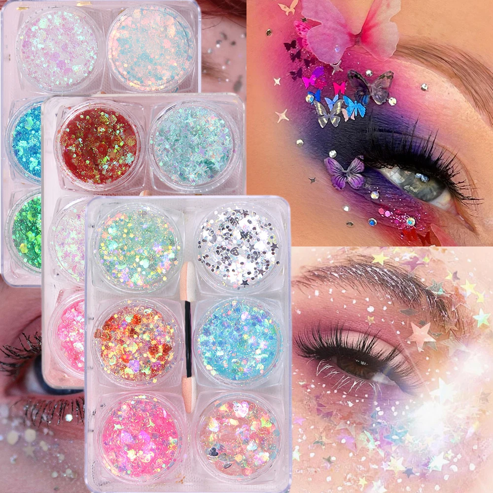 6pcs/set Stars Glitter Eyeshadow Gel Face Hair Body Nail Glitter Powder Heart Star Butterfly Laser Sequins Music Festival Makeup