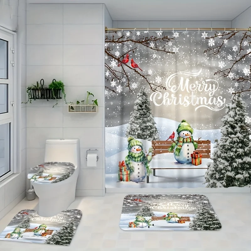 Christmas Themed Bathroom Set Green Hat Snowmen Design, Machine Washable Polyester Bath Ensemble with Fade-Resistant Snowfl