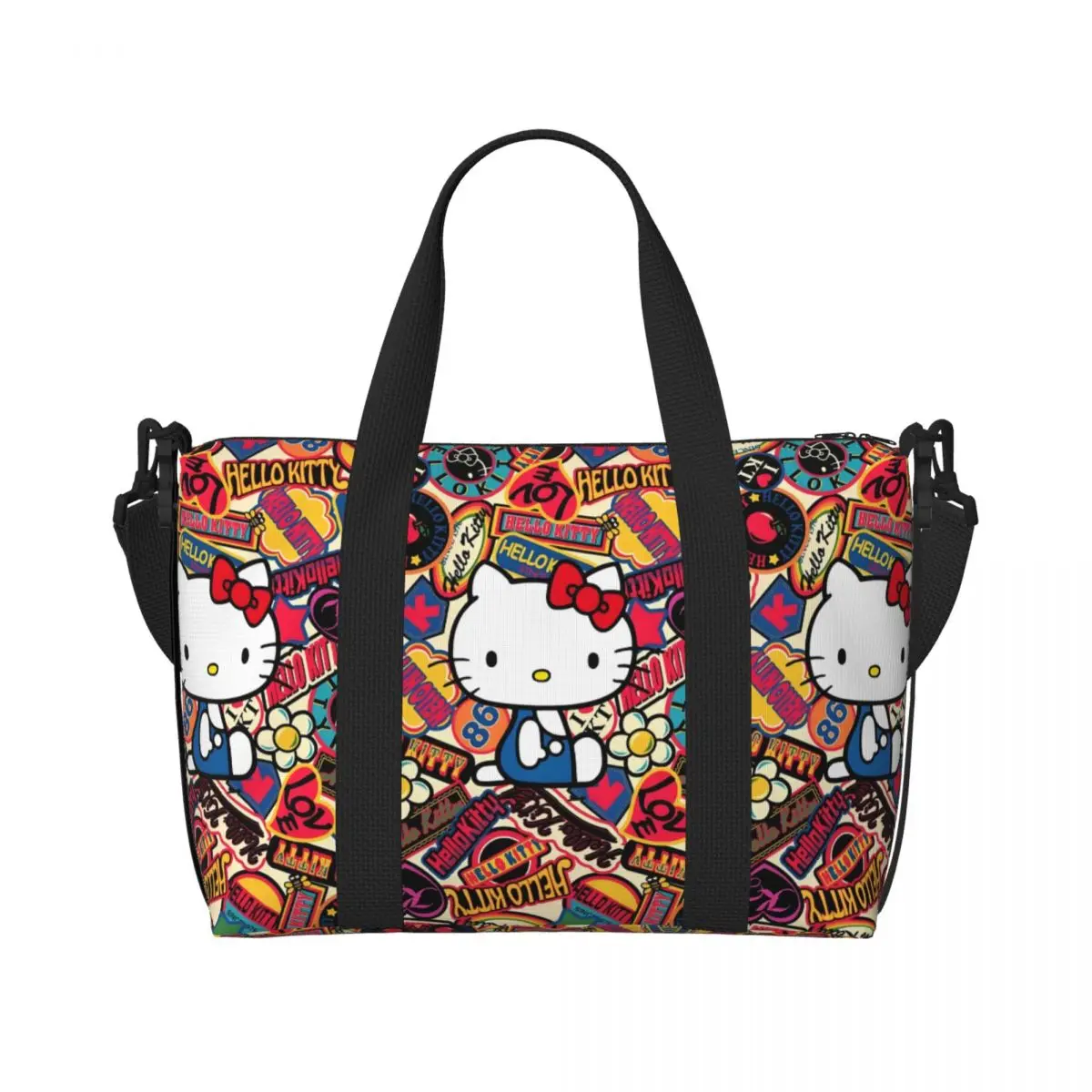 

Custom Hello Kitty Fashionable Beach Tote Bag Women Kawaii Cartoon Large Compartment Gym Beach Travel Bags