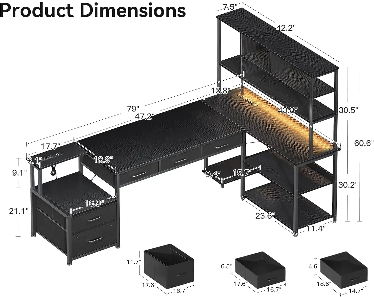 79 inch L Shaped Desk with File Drawers, Reversible L Shaped Gaming Desk with Power Outlets & LED Lights, Computer Desk