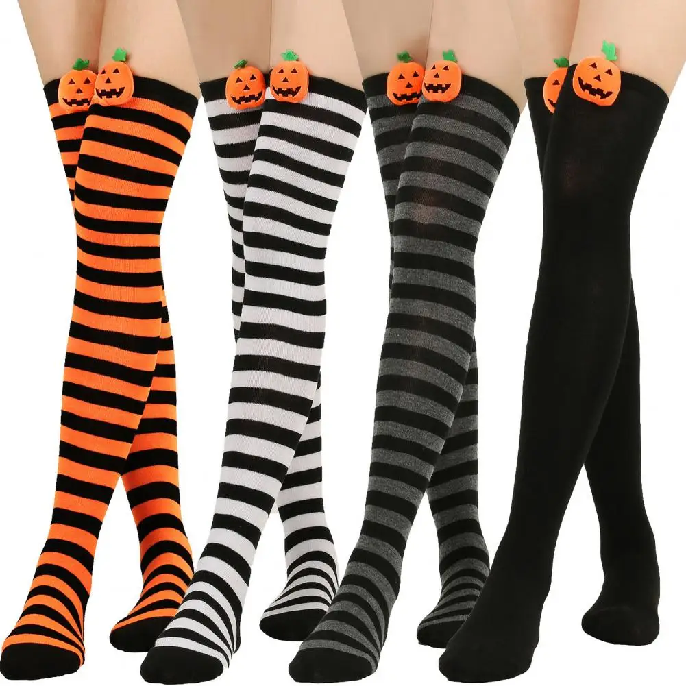 1 Pair Halloween Stockings Over The Knee Funny Cartoon Pumpkin Striped Contrast Color High Elasticity Socks for Halloween Party