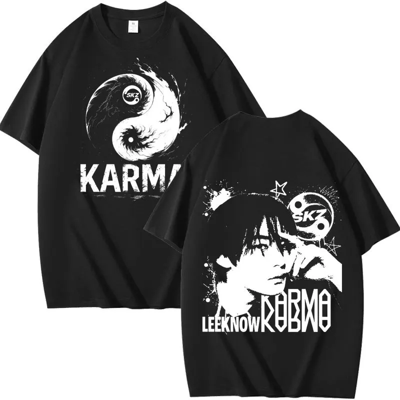 تي شيرت KPOP The 4th Album KARMA كبير الحجم تي شيرت FELIX BANGCHAN CHANGBIN HYUNJIN SEUNGMIN LEE KNOW K-POP تي شيرت جرافيك بأكمام قصيرة