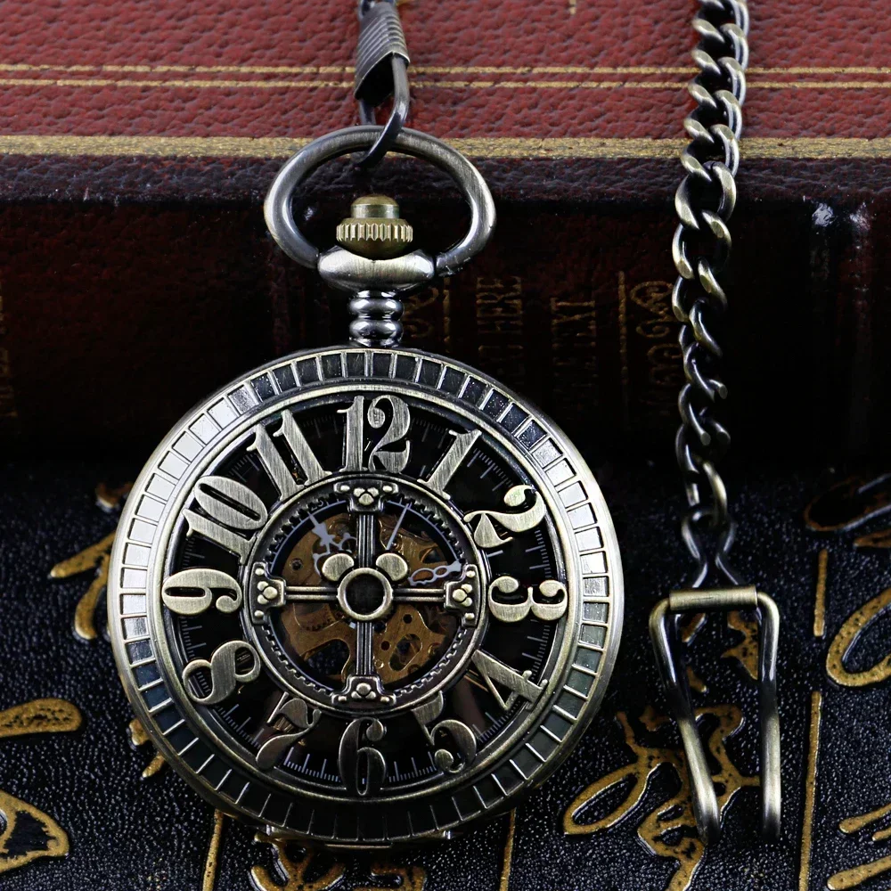 

Number Design Hollow Mechanical Pocket Watch Men Antique Style Chain Pendant Clock Roman Case Hand Winding Timepiece Gifts
