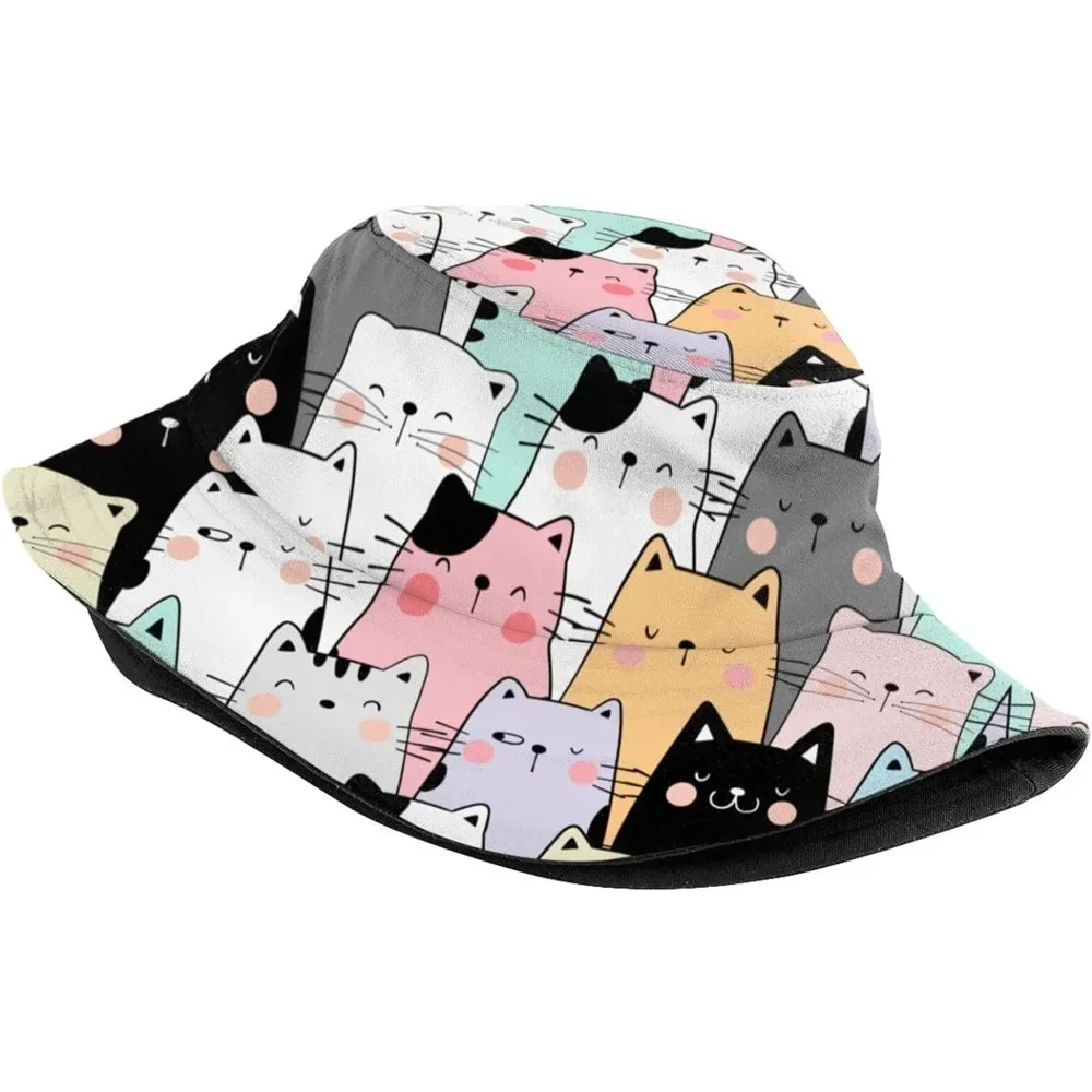 Cute Cat Fisherman Cap Hip Hop Gorras Summer Unisex Cartoon Cat Printing Bucket Hat Outdoor Gardening Beach Hiking Fishing Caps