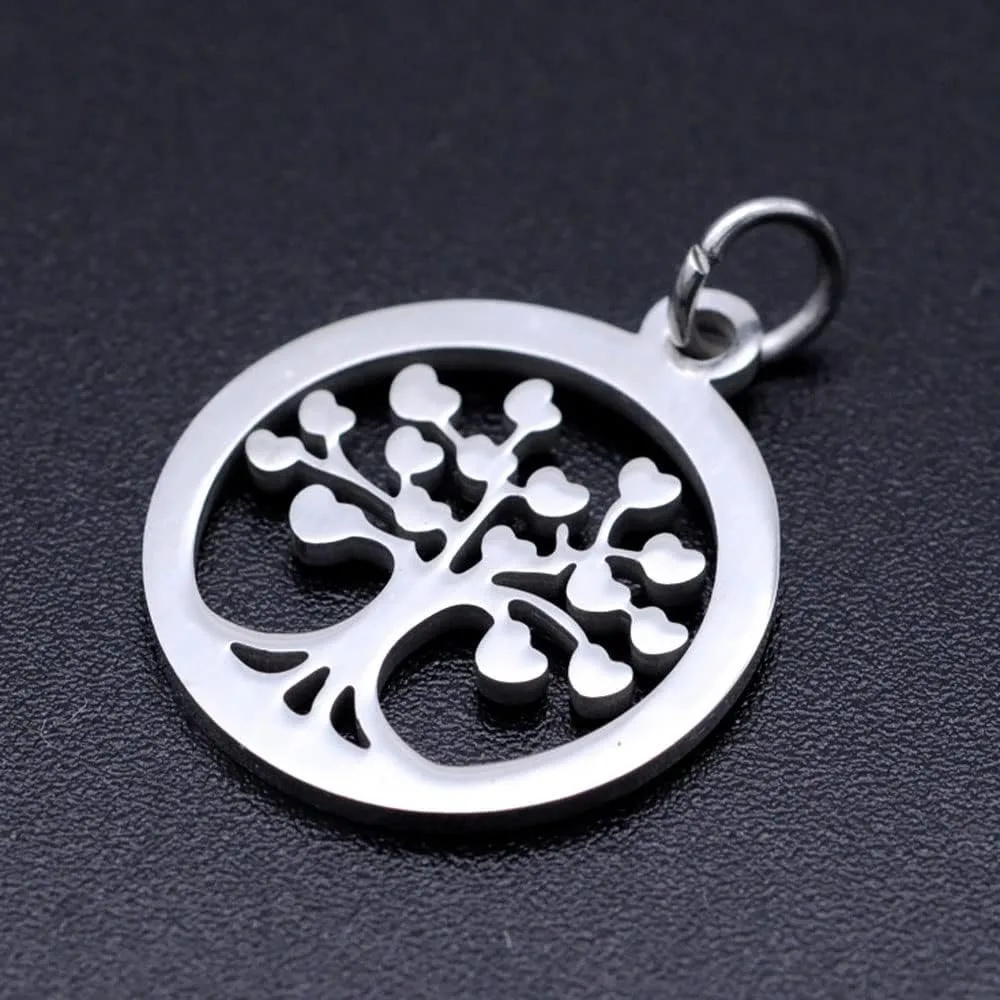 5Pcs 15mm Tree of Life with Stainless Steel Pendants Tree of Family Necklace Charm Flat and Round with Unsoldered Jump Rings