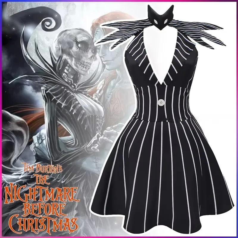 Women's Jack Style Gothic Cosplay Costume Sleeveless Top Skirt and Gloves for Halloween Party Cosplay Skellington