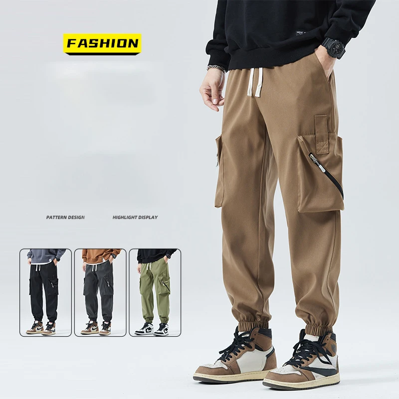 Nowe spodnie cargo męskie z dużymi kieszeniami i zamkiem błyskawicznym, idealne na wiosnę i jesień, do wspinaczki, pieszych wędrówek, spodnie typu harem, ze sznurkiem, dopasowane, krótkie spodnie męskie.