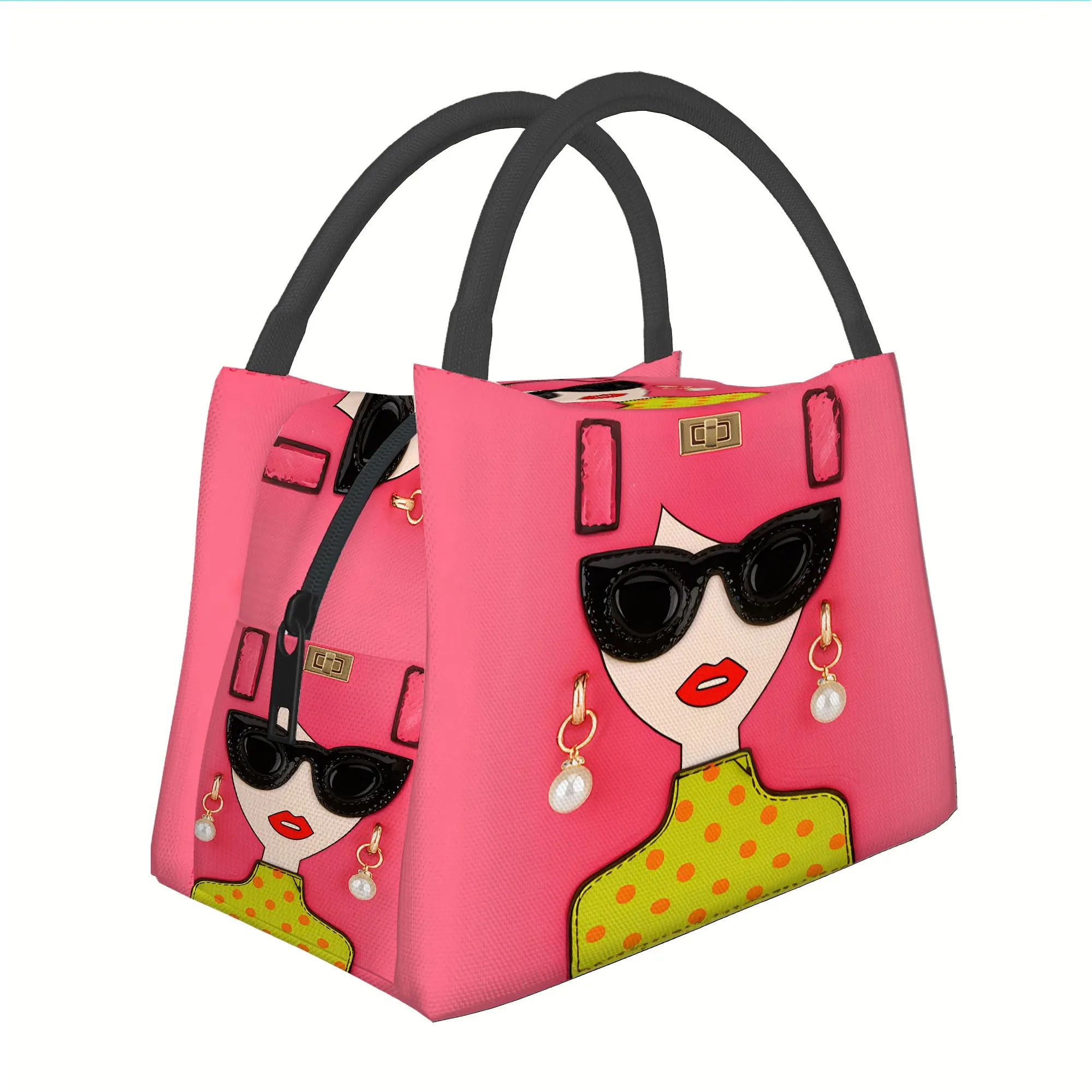 1pc, Pink Bag with Fashion Girl Design, Printed Thermal Insulation Bag, Insulated Bag. Not for Direct Food Contact