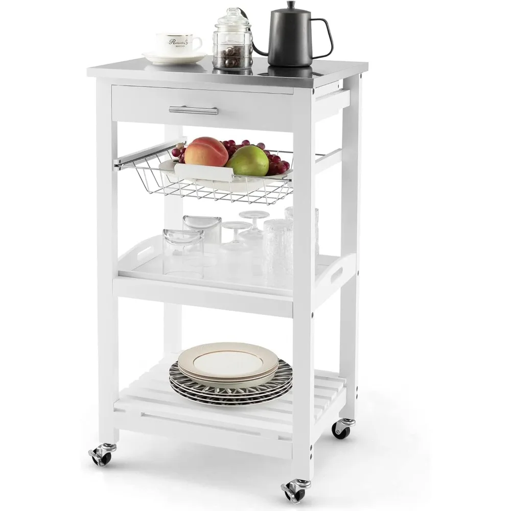 

Тележка на колесиках из нержавеющей стали для ресторанов и отелей с выдвижным ящиком, корзиной и полкой