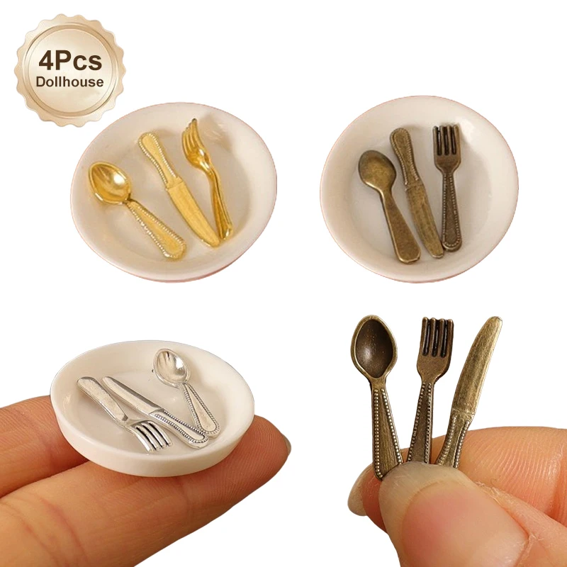 4 Stuks 1:12 Poppenhuis Plaat Mes Vork Lepel Set Poppenhuis Mini Servies Accessoires Poppenhuis Keuken Decoratie Spelen Speelgoed
