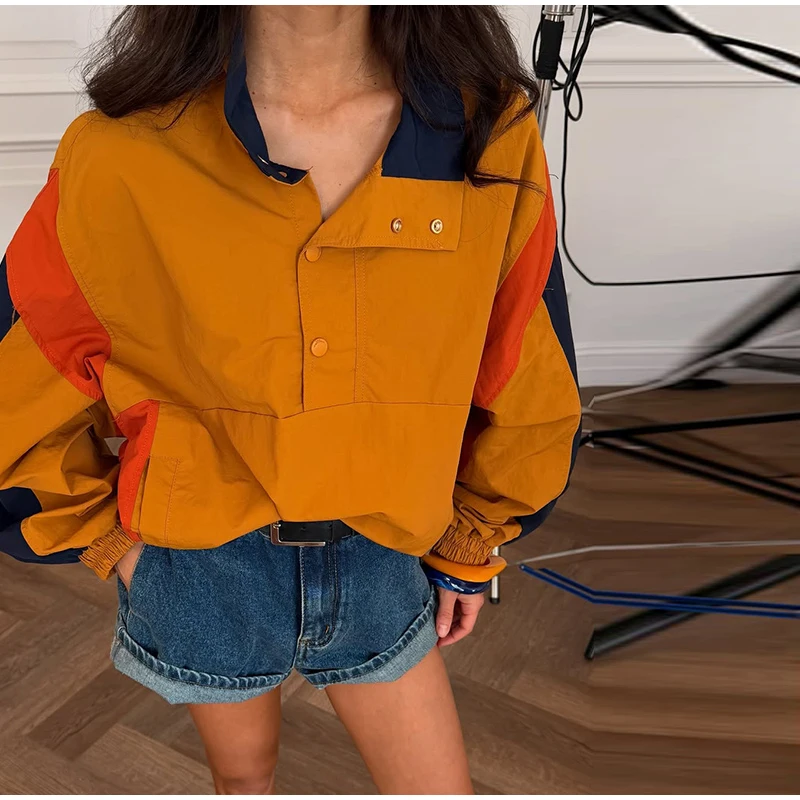 Contrast Color Fashion Wind Jacket Turn Down Collar Zipper Elastic Cuff Hem Long Sleeve Windproof Coat 2026 Autumn Women Coats