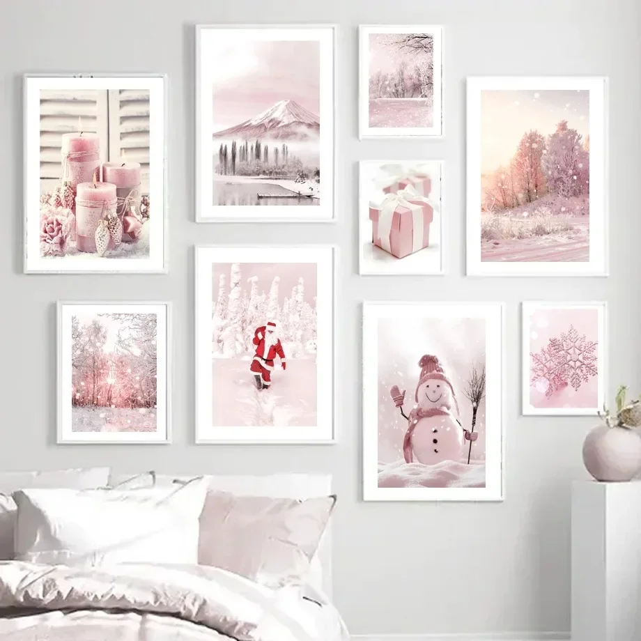 Pink Christmas Winter Snow Santa Chalet Wall  Minimalist Aesthetics Print Canvas Painting for Living Room Modern Home Decor