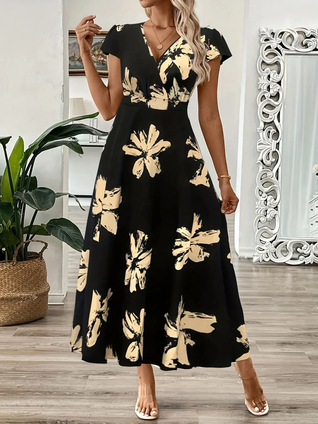 

Plus Size 1XL-5XL New Women's Fashion Elegant Floral Maxi Dress Ladies Casual Short Sleeve Elegant Crew Neck Peplum Dress