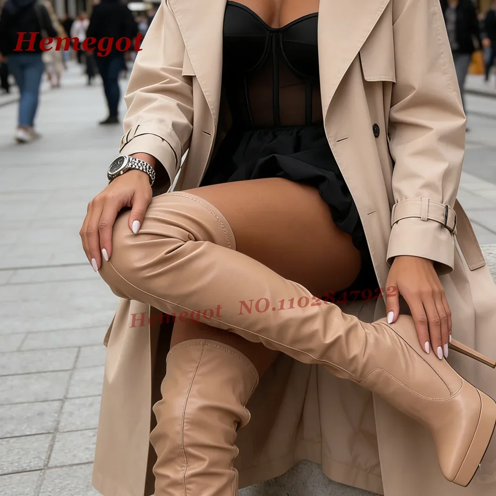 Pointy Toe Stiletto High Heels Thigh High Boots Brown Platform Pleated Over The Knee Boots for Women Patchwork Casual Shoes Sexy