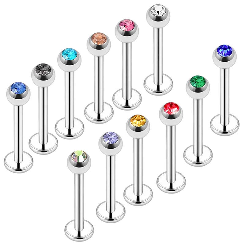 

Wholesales outer screw 6/8/10mm gem lip larebt piercing stainless steel 12 color lip stud cartilage tragus helix earrings bar ki